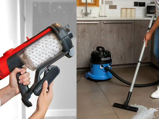  Left: A woman holding Henry Quick cordless vacuum cleaner. Right: A person using the Charles vacuum cleaning a wet floor 